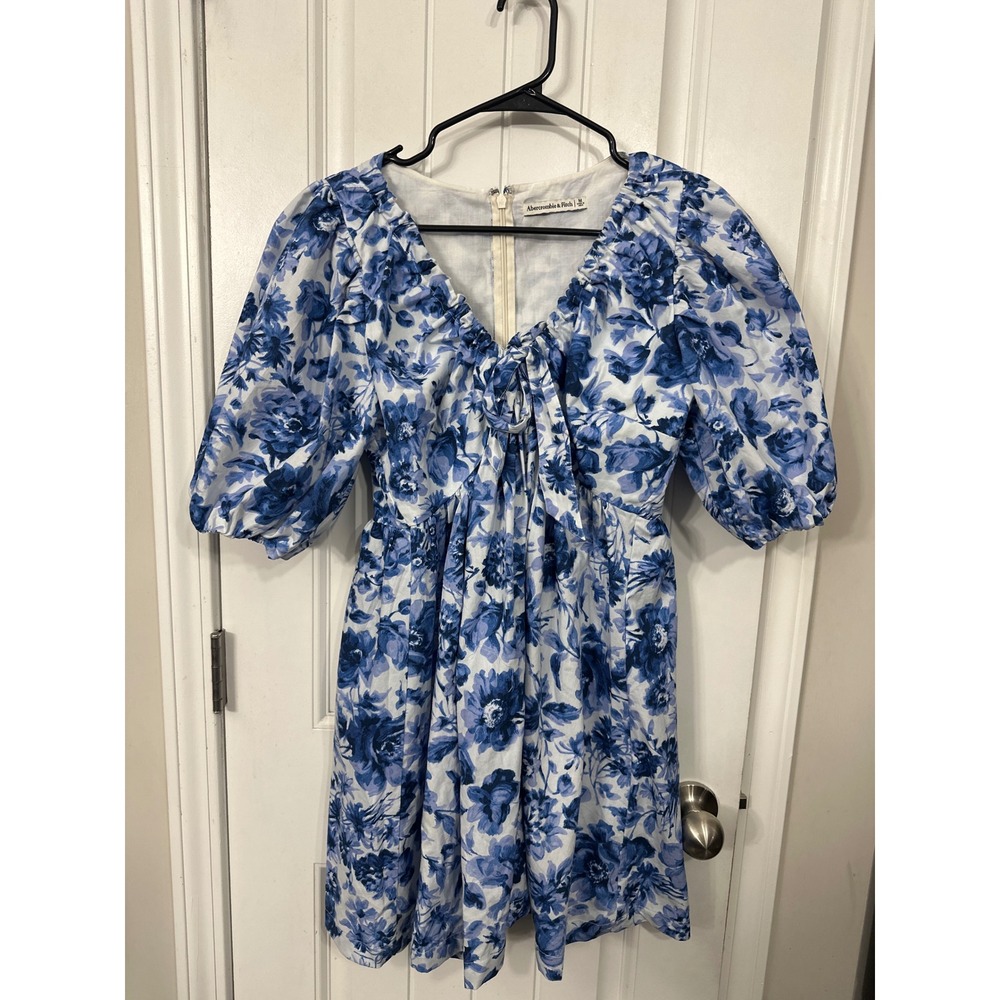 Abercrombie & Fitch Blue Floral Puff Sleeve Tie Front Mini Dress Womens Medium